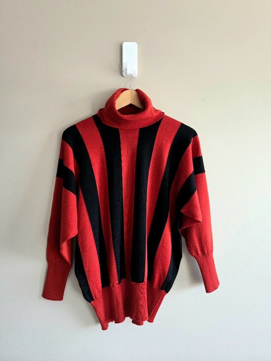 jaeger Sweaters - Vintage Jaeger 100% Wool Black Red Striped Dolman Sleeve Turtleneck Sweater